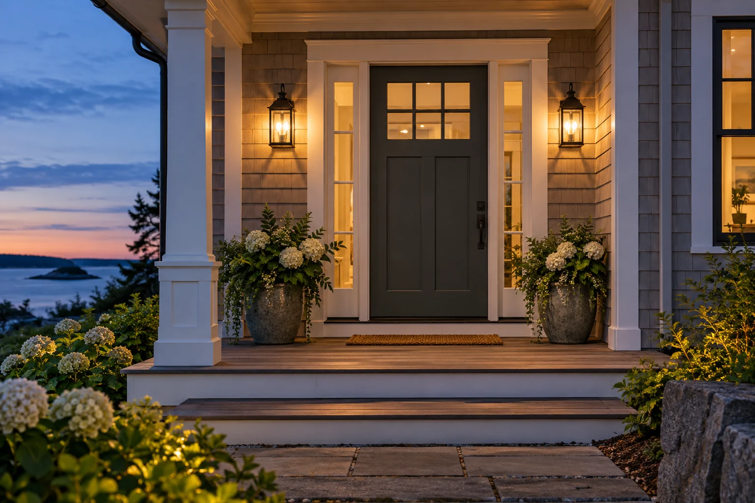 Two porch lights beside a front door at dusk.