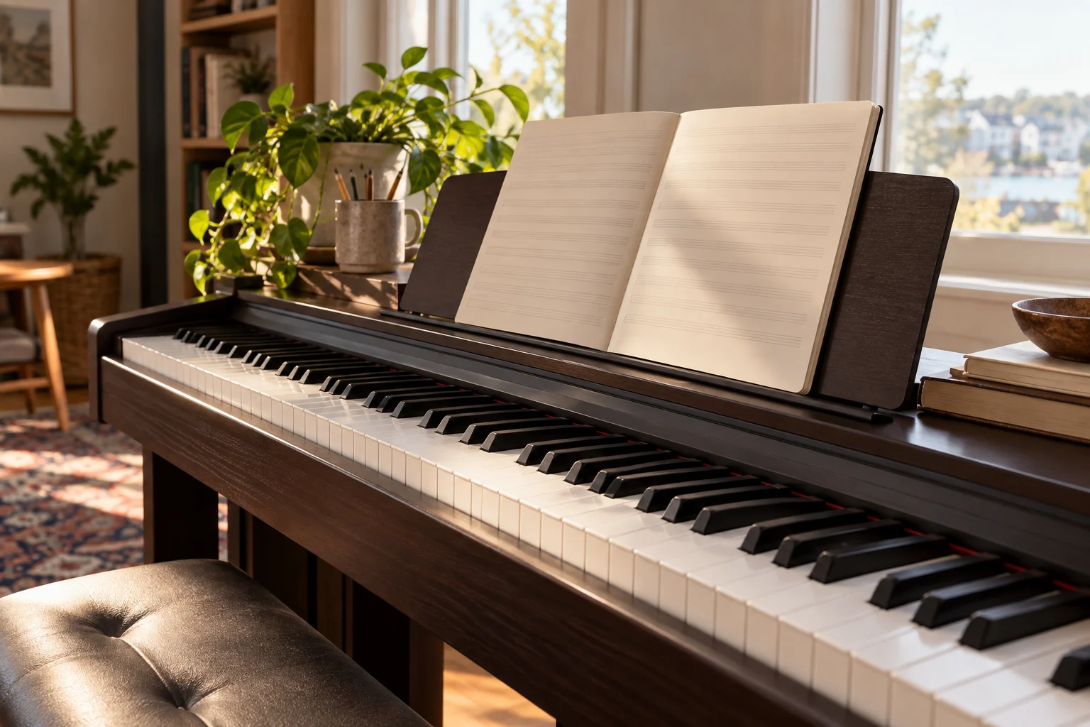 A close view of the piano keyboard and music notebook.