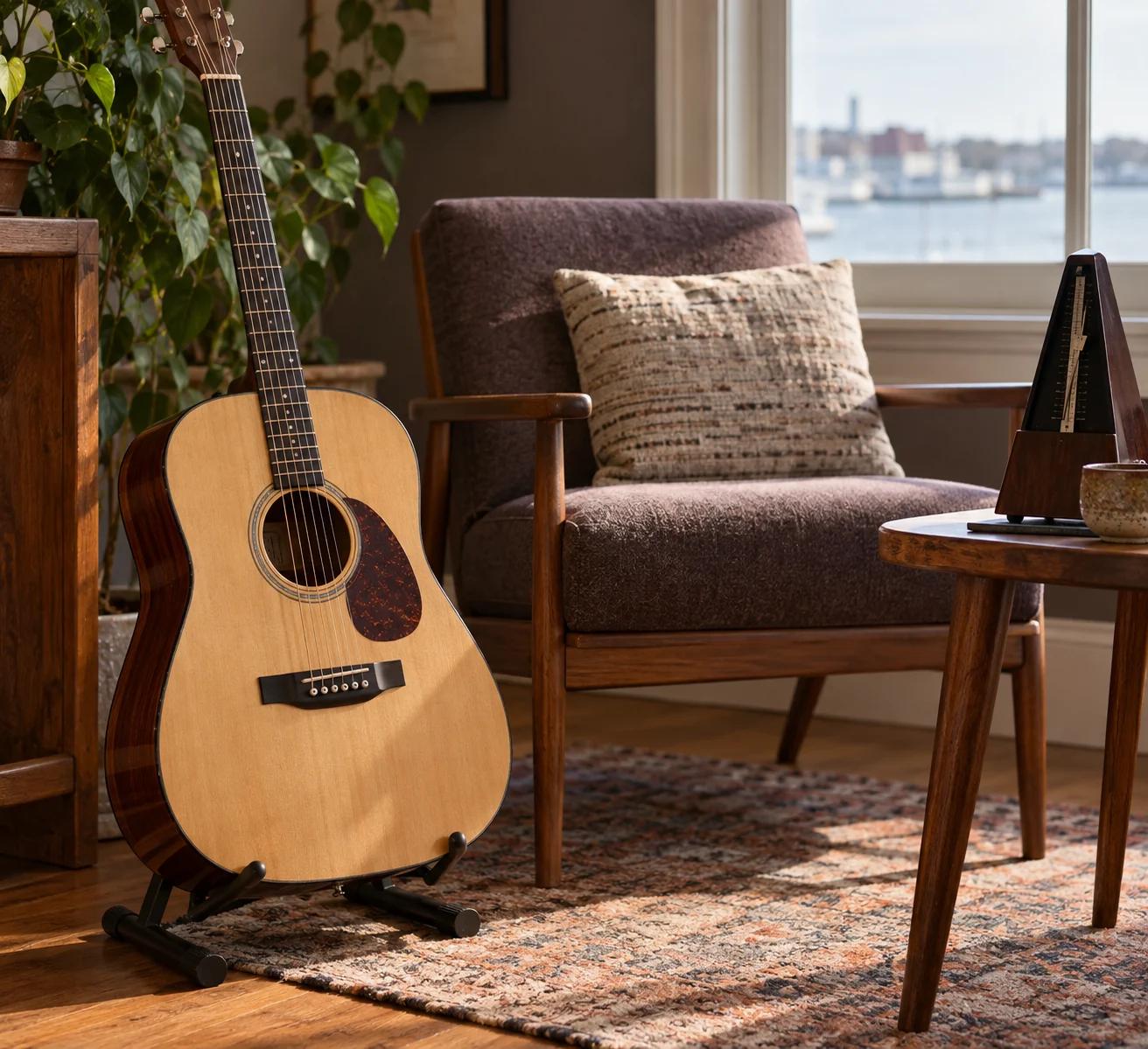 A closer view of the guitar beside the teaching chair.