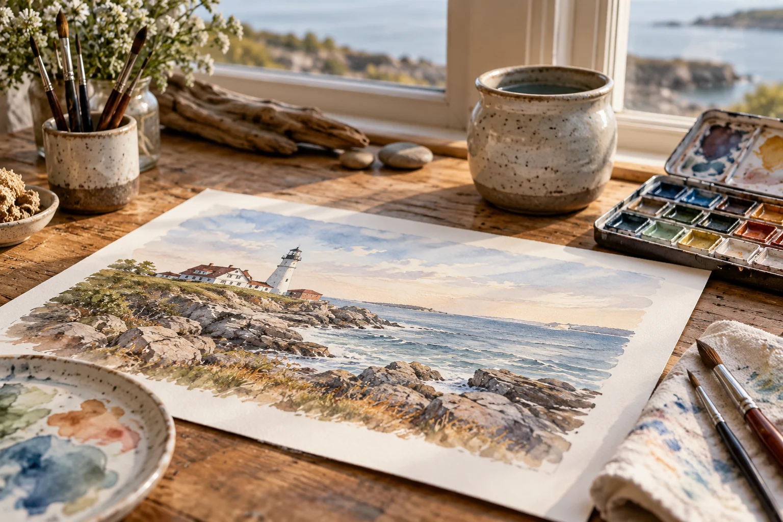 A close view of the watercolor painting and art materials.