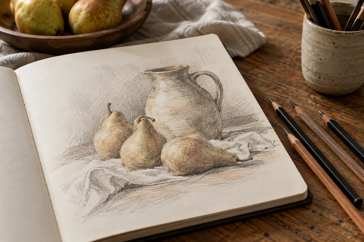 A close view of the still-life drawing in the sketchbook.