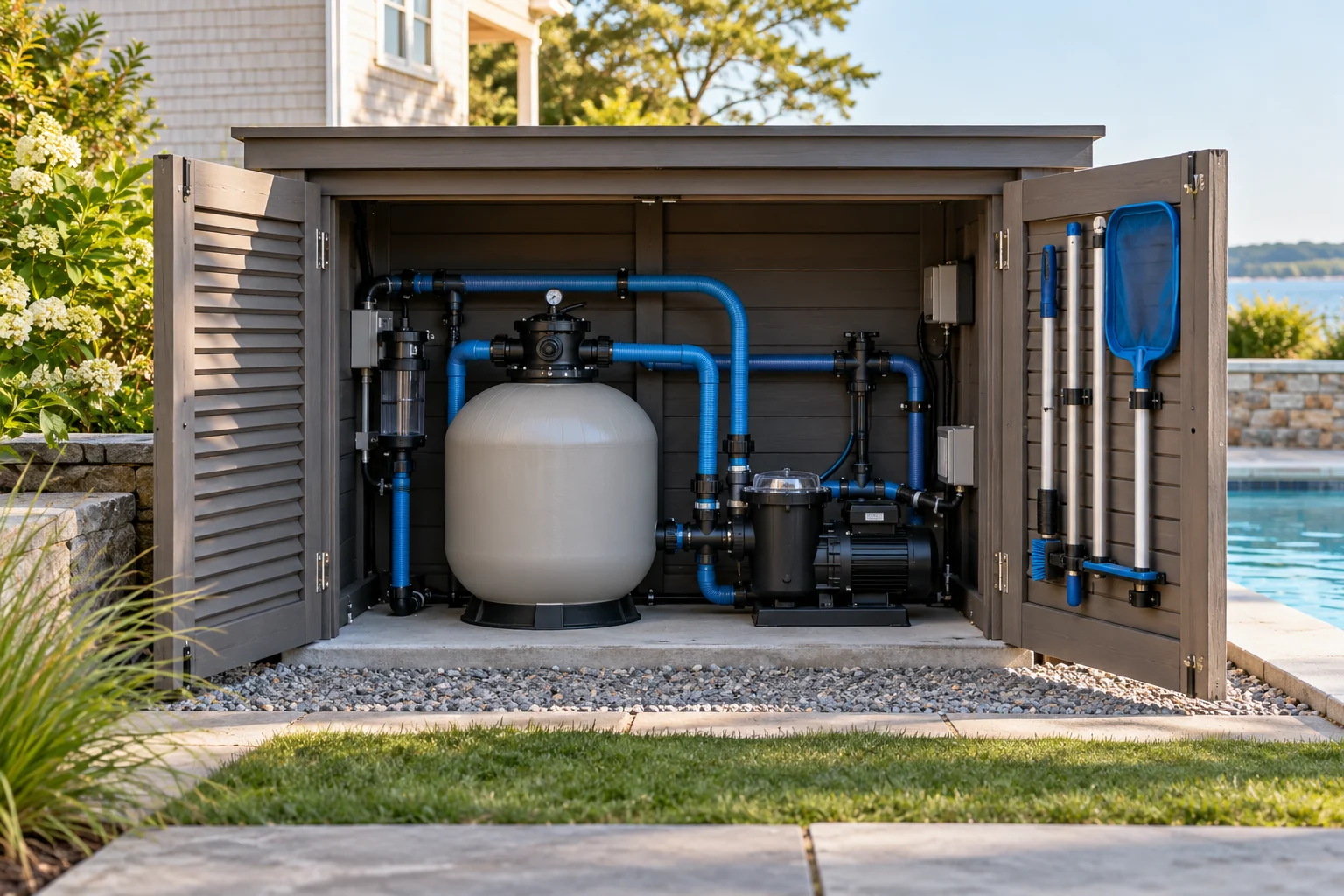 A pool pump and filter with organized hoses and tools.