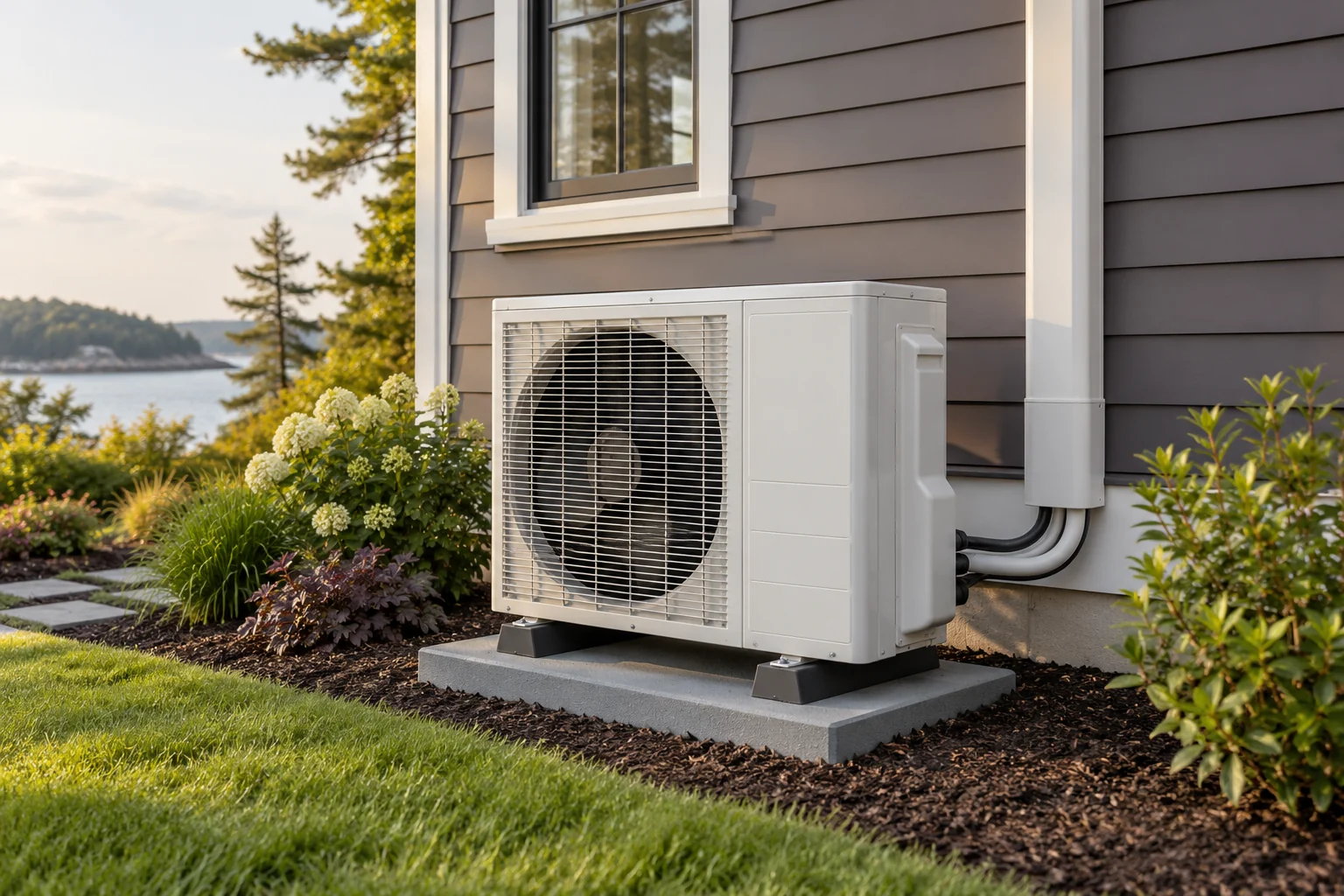 An outdoor heat-pump unit beside a clapboard house.