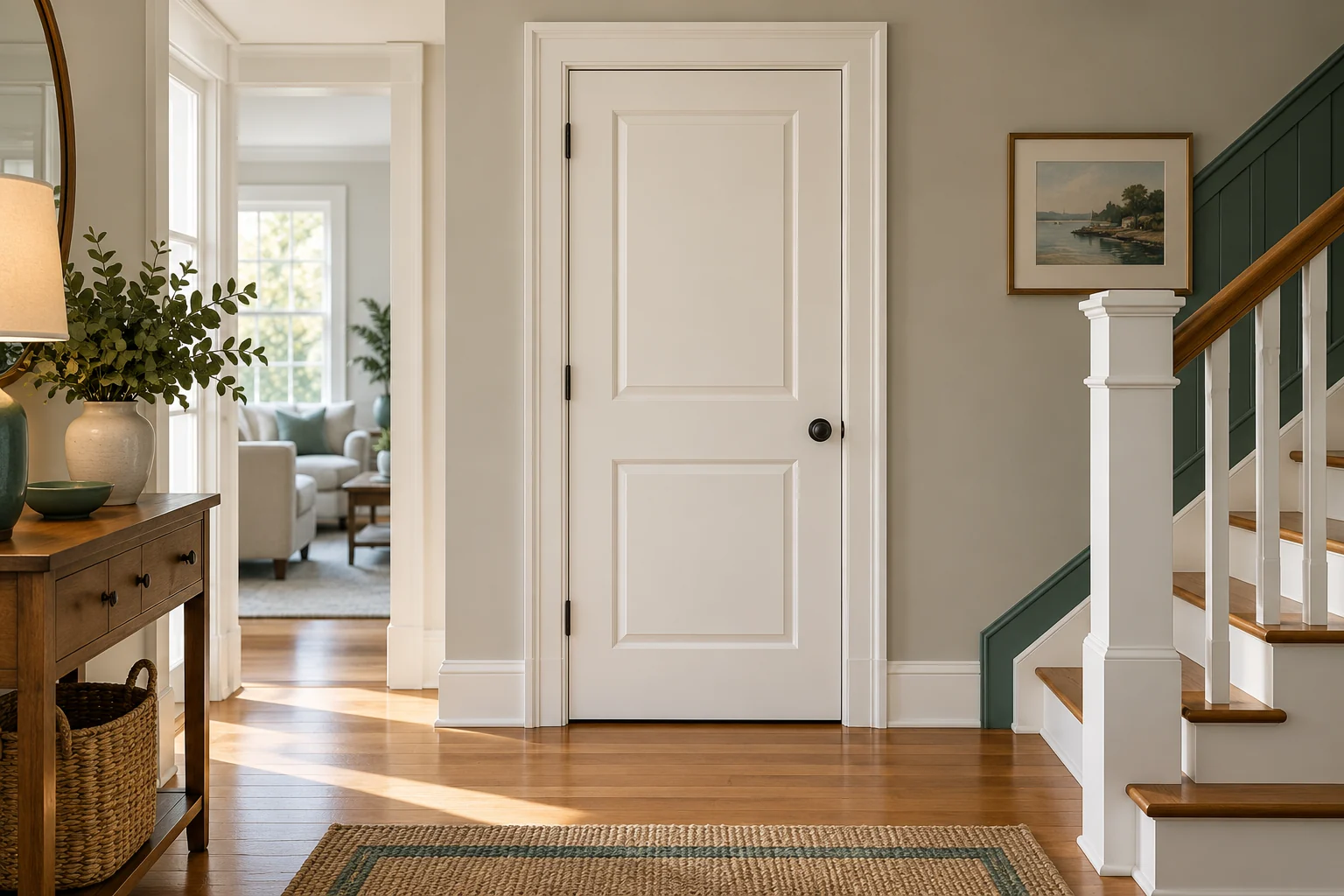 A freshly painted interior door and trim.