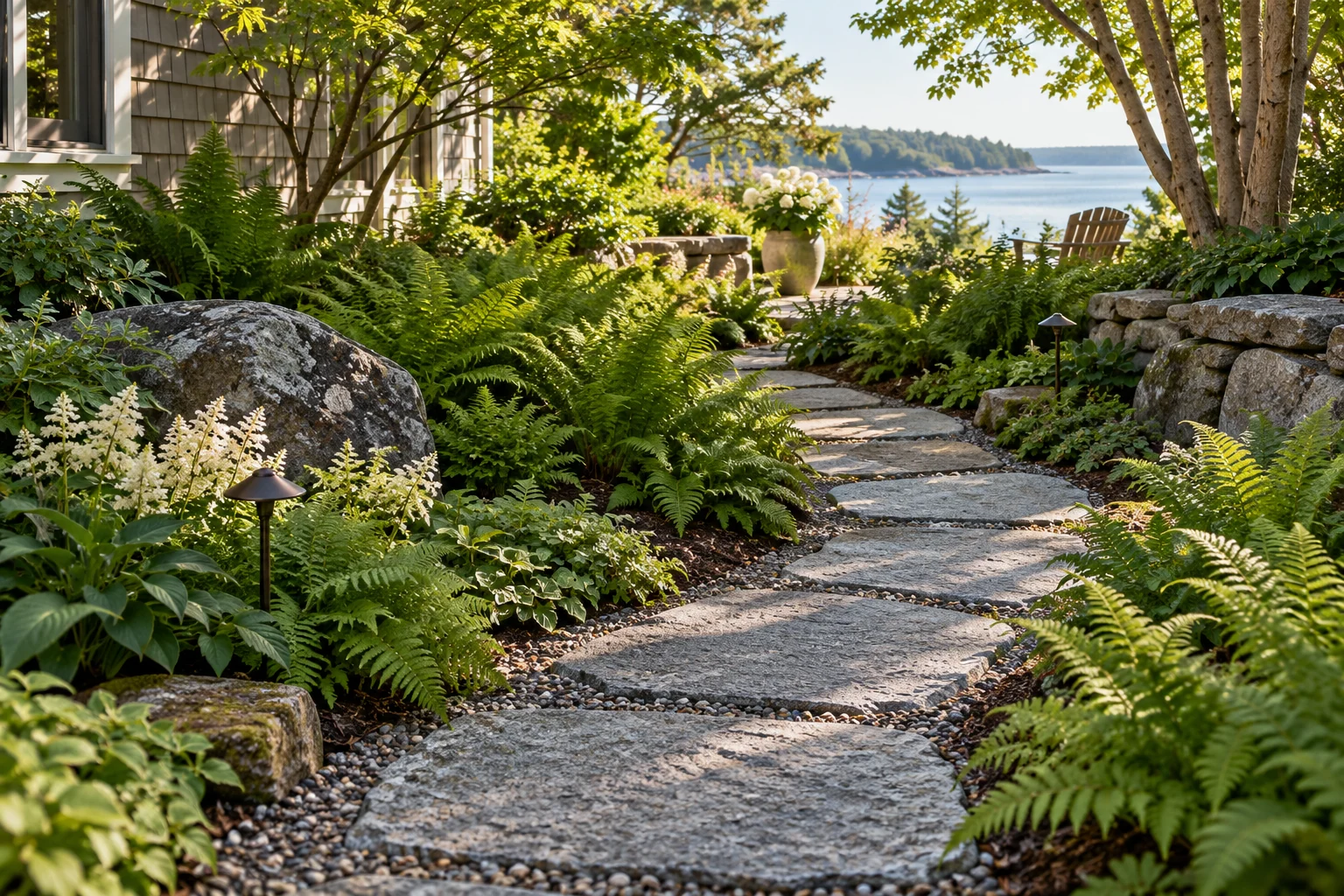 Granite stepping stones winding through fern beds.