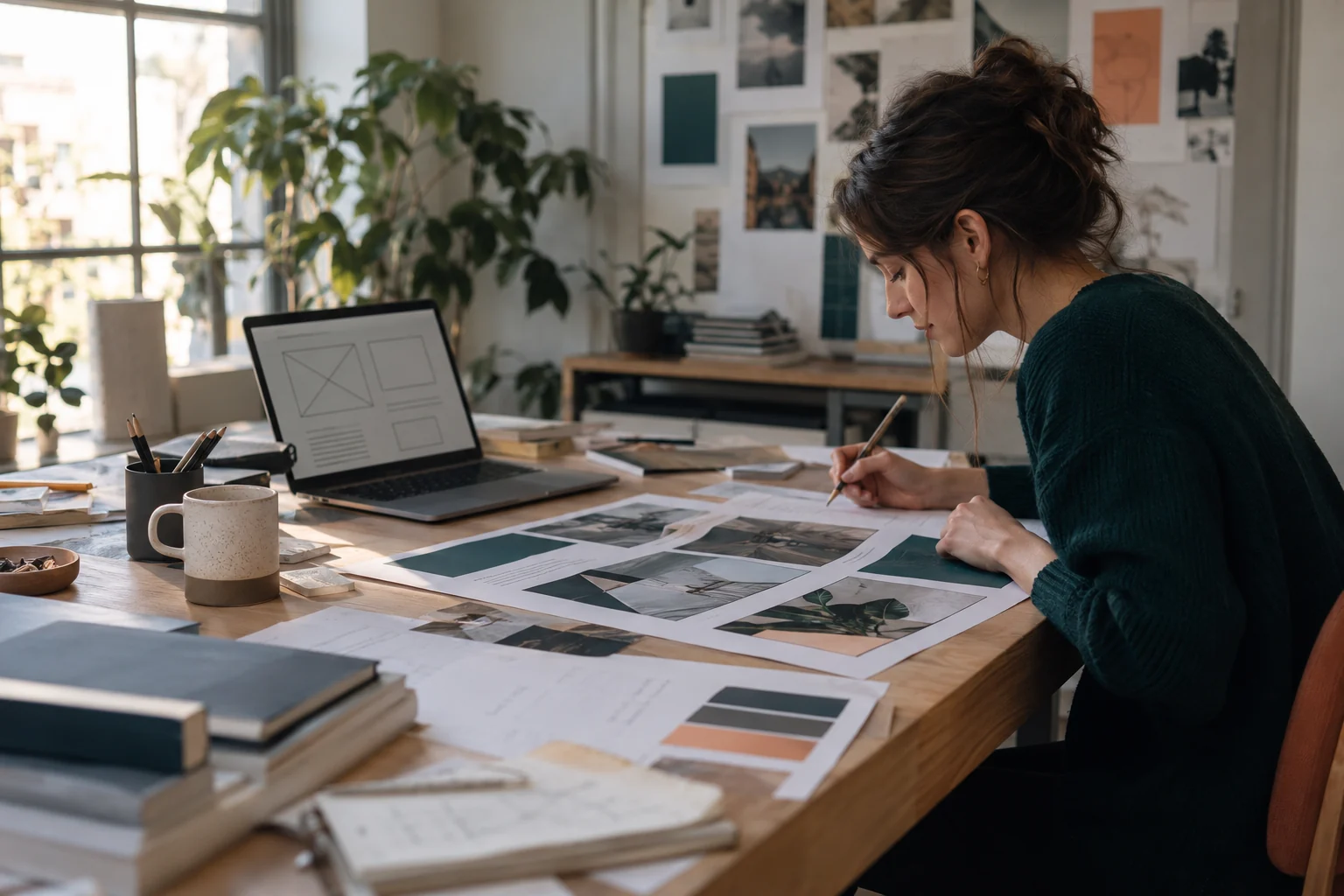 Designer reviewing print proofs at a wooden table.