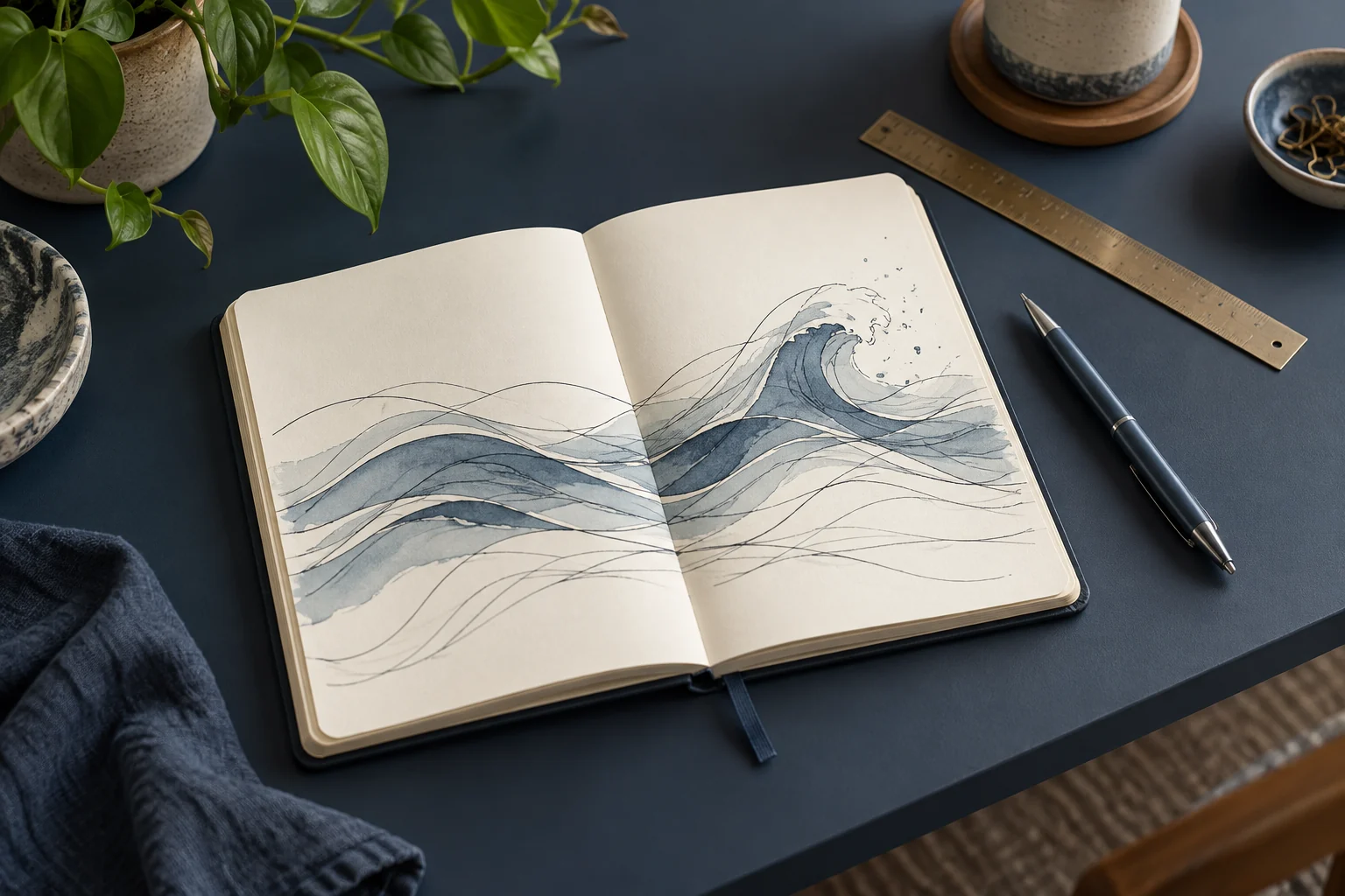 A wave design in a sketchbook beside a ruler and pen.