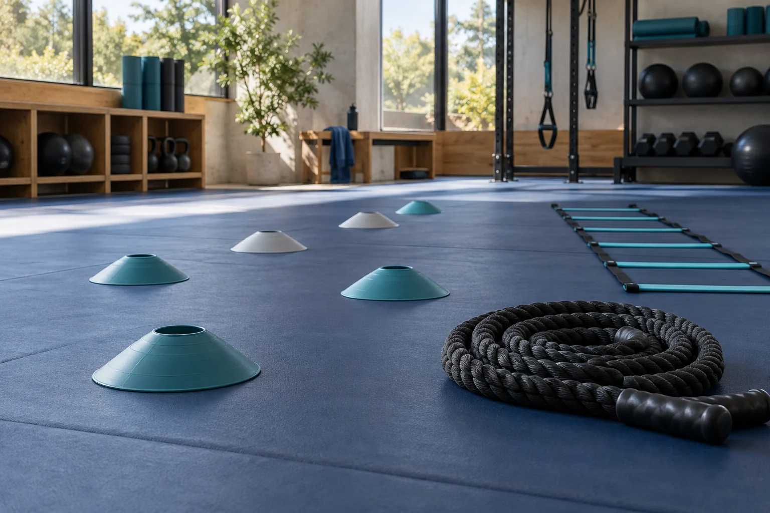 Agility markers and a training rope on a mat.