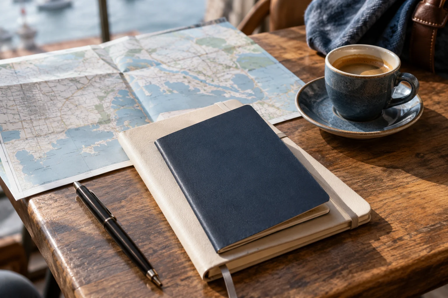 A close view of the map and notebook used for travel language practice.