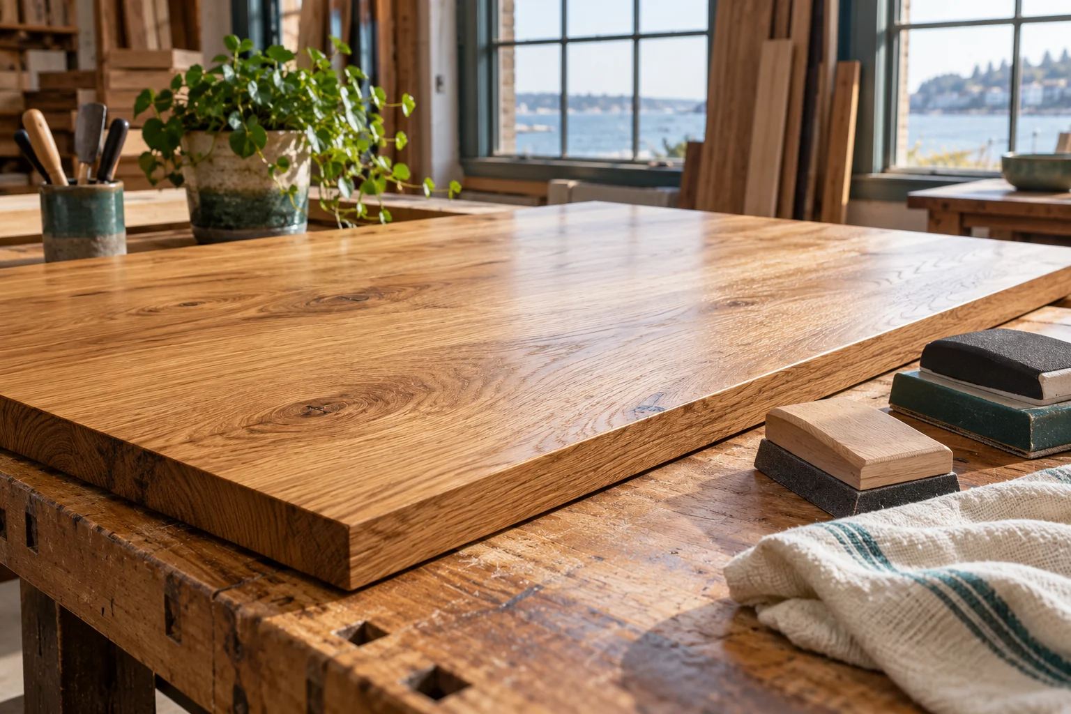 A refinished tabletop beside sanding blocks and a cloth.