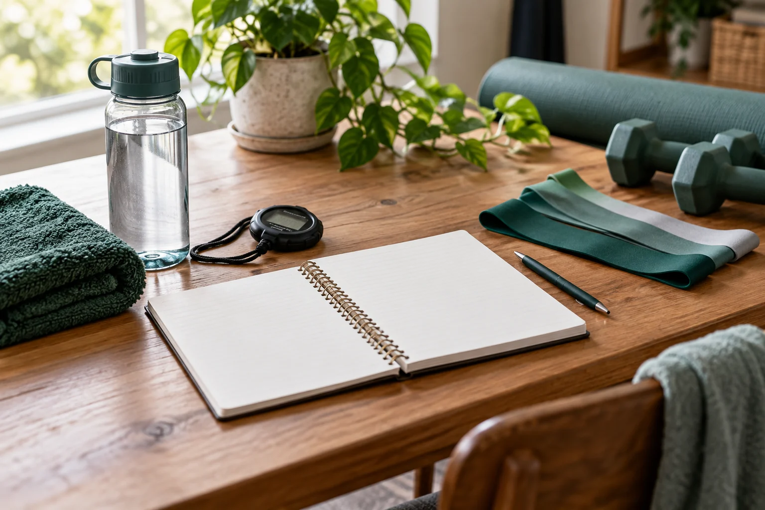 A notebook, stopwatch and resistance bands for training planning.