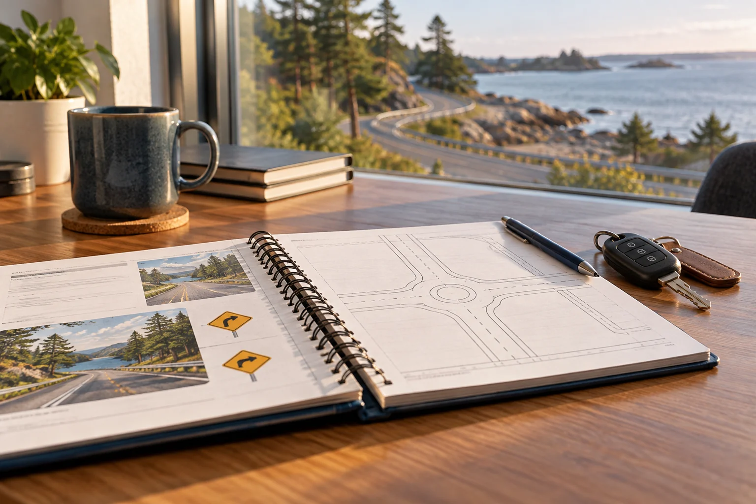 A close view of a driving notebook and route-planning materials.
