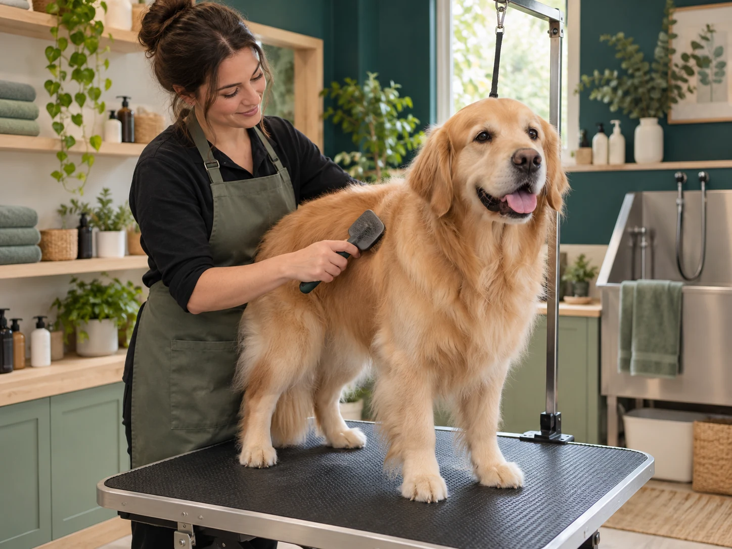 A calm golden retriever during a grooming session.