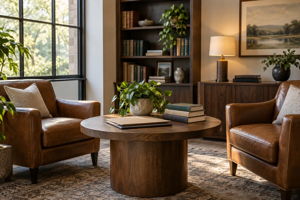 A small fictional law office conversation area with two leather chairs and a round wood table, closed plain folders, books without readable titles and soft daylight — AI-generated fictional concept