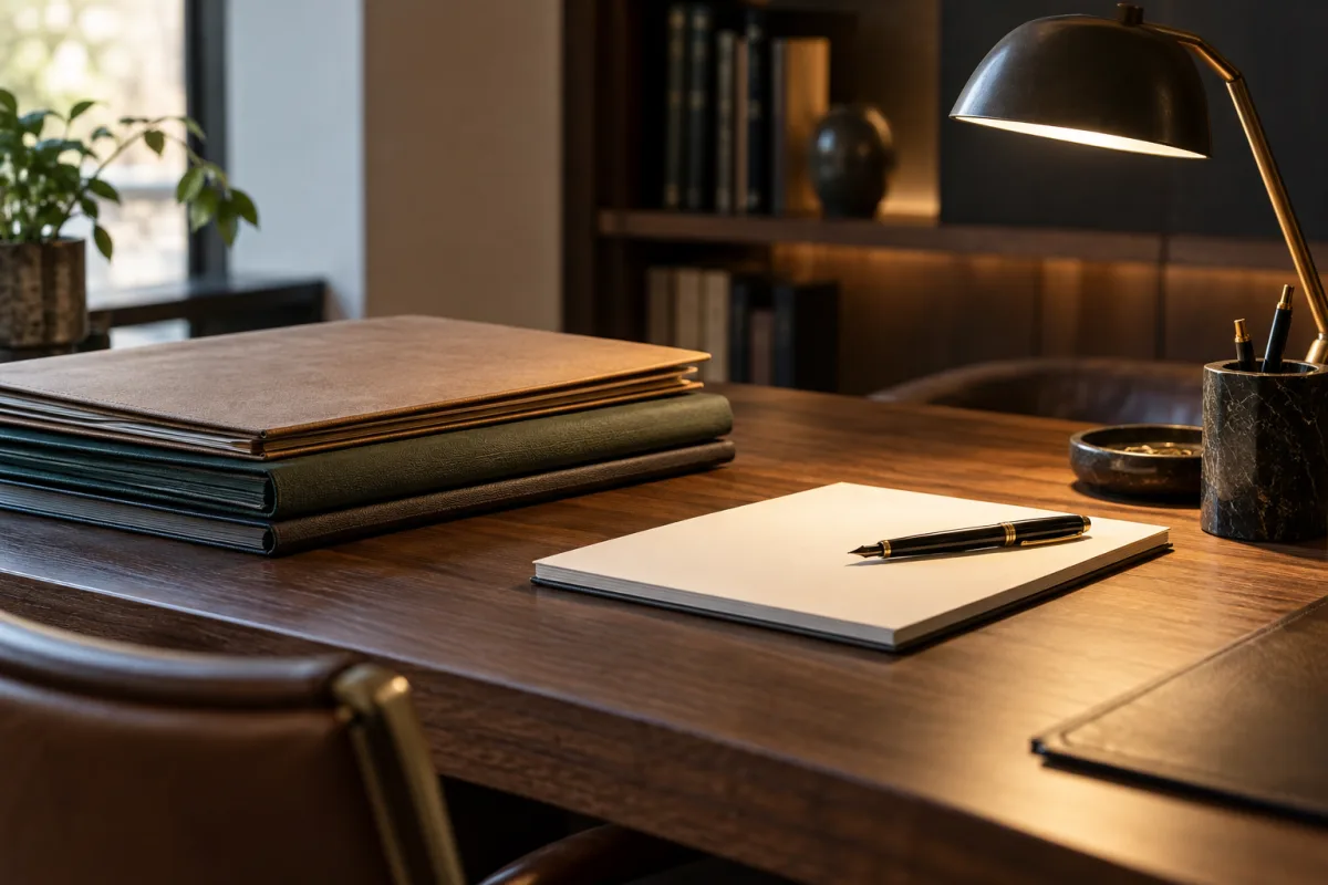 A calm wood desk with neatly closed plain case folders, a fountain pen, an unlabelled notepad and a simple task lamp, shallow depth of field, no readable confidential documents — AI-generated fictional concept