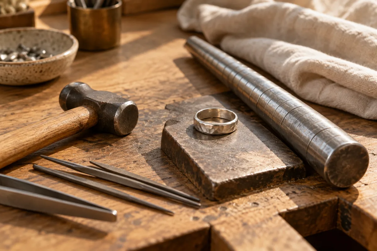 A refined jeweler workbench close-up with plain metal shaping tools, a ring mandrel, a silver band and warm linen, no person or brand — AI-generated fictional concept