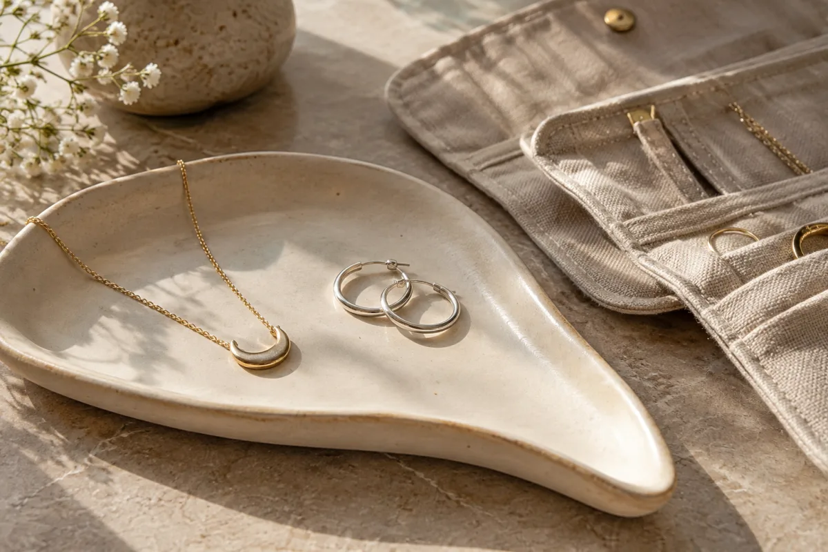 A small gold-tone arc pendant and simple silver hoops on a curved cream ceramic tray beside an open linen jewelry roll, soft window light, luxury editorial still life — AI-generated fictional concept