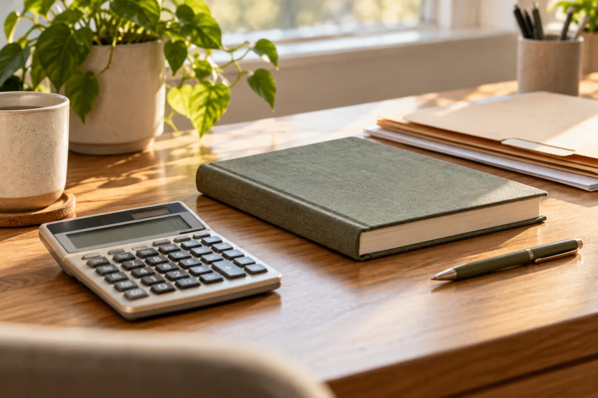 A clean bookkeeping desk close-up with a basic calculator, a closed clothbound ledger, plain folders and a pen, warm daylight, no visible financial data or numbers — AI-generated fictional concept