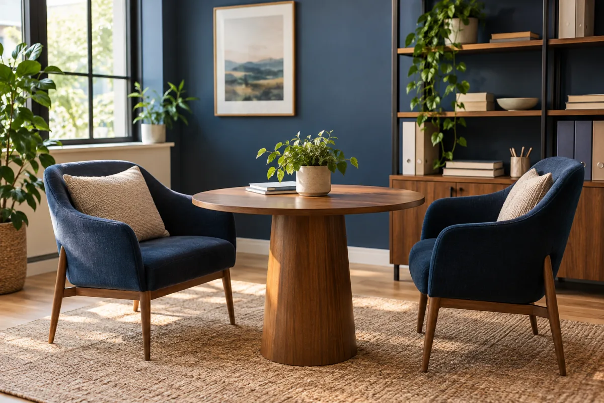 A small independent bookkeeping office meeting corner with two comfortable chairs and a round table, quiet navy and wood palette, natural daylight, no people or charts — AI-generated fictional concept