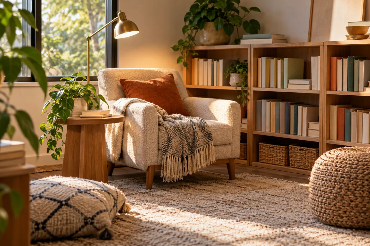 A cozy learning-studio reading nook with low shelves of books with blank spines, one comfortable chair, a task light and tactile cushions, unoccupied — AI-generated fictional concept