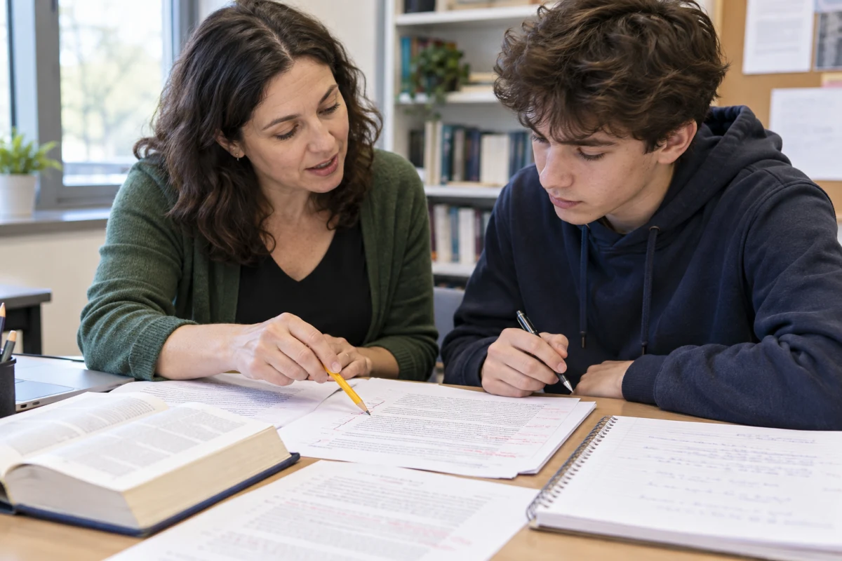 A fictional writing tutor and teenage student review paragraph structure in an essay draft — AI-generated fictional concept