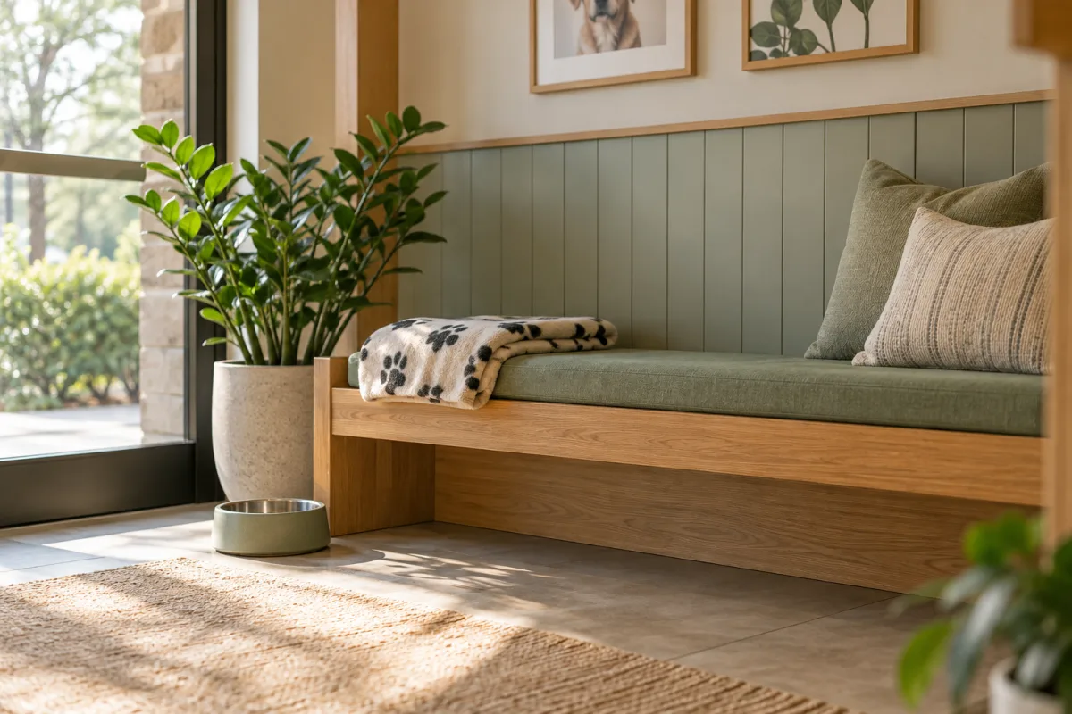 A quiet fictional veterinary waiting nook with a clean bench, a folded pet blanket and a water bowl, warm pale wood and soft green tones, no distressed animal or person — AI-generated fictional concept