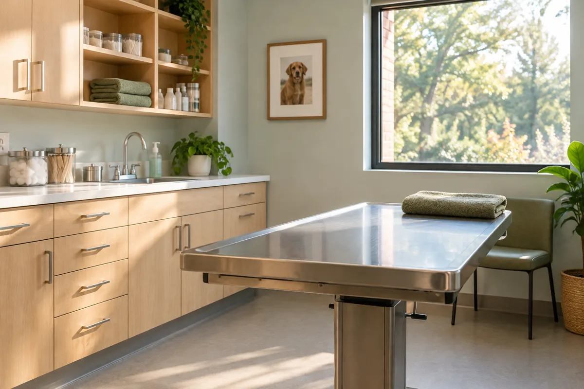 A welcoming fictional veterinary exam room with a simple clean exam table, an unbranded supply cabinet, folded towel and soft daylight, no procedure, patient, certificate or claim — AI-generated fictional concept