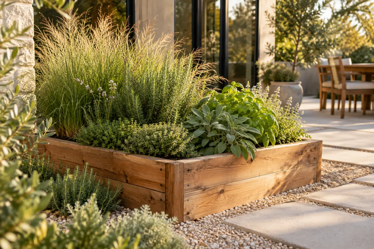 A beautifully maintained small raised cedar planter with layered herbs and ornamental grasses beside a simple residential patio, gravel textures and warm Austin sunlight — AI-generated fictional concept