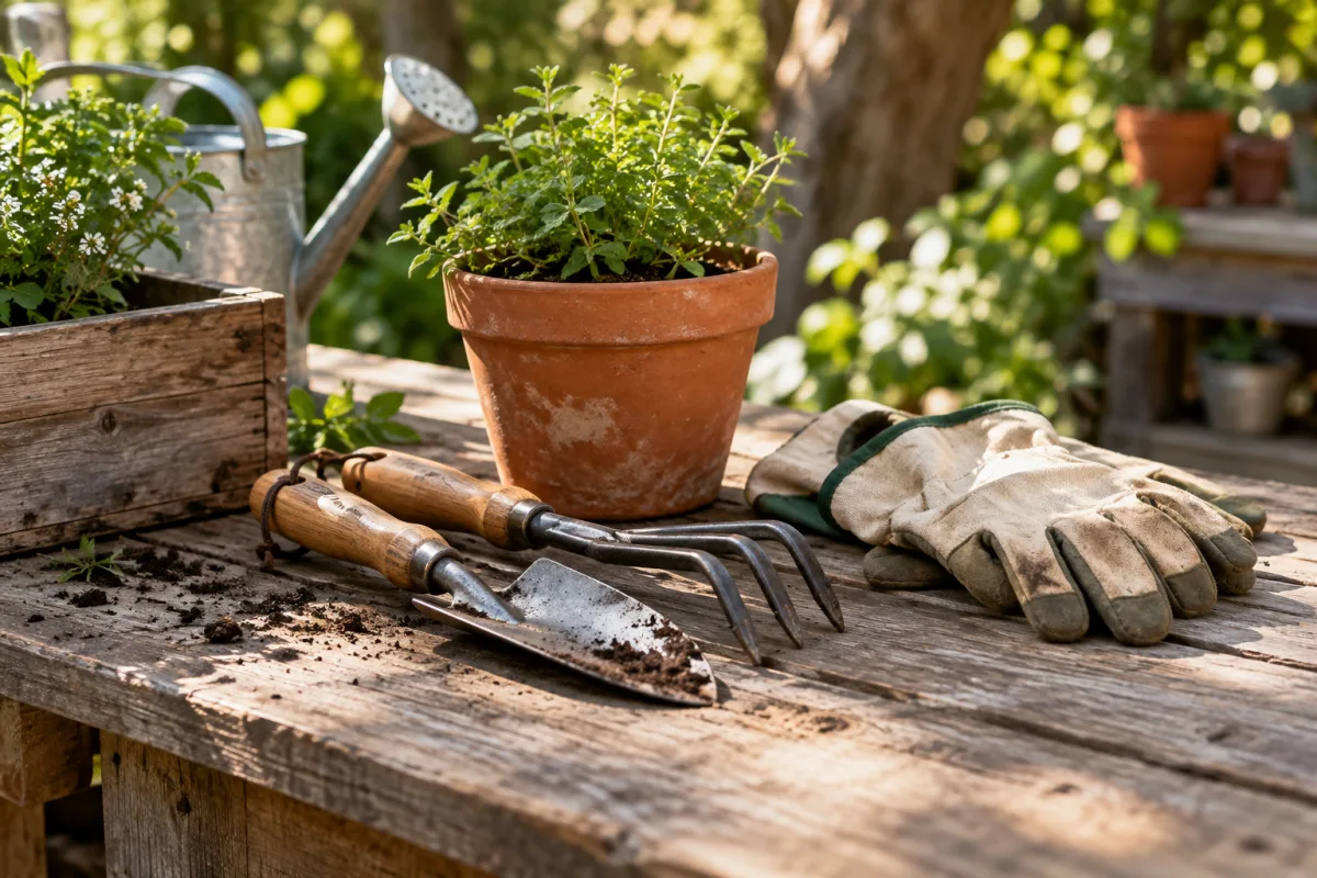 A clean unbranded garden hand-tool set, canvas gloves and a terracotta pot neatly arranged on a weathered timber workbench beneath soft backyard shade — AI-generated fictional concept