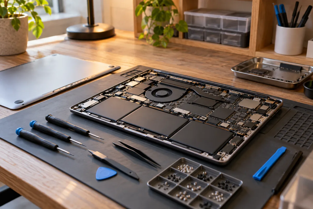 A tidy electronics repair bench with an open unbranded laptop showing generic internal components, organized tiny screws, precision screwdrivers and an anti-static mat, no personal data — AI-generated fictional concept