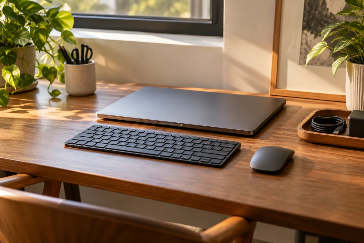 A clean small-desk device setup with an unbranded closed laptop, keyboard, mouse and neatly organized cables, warm natural light, no visible logos or screens — AI-generated fictional concept