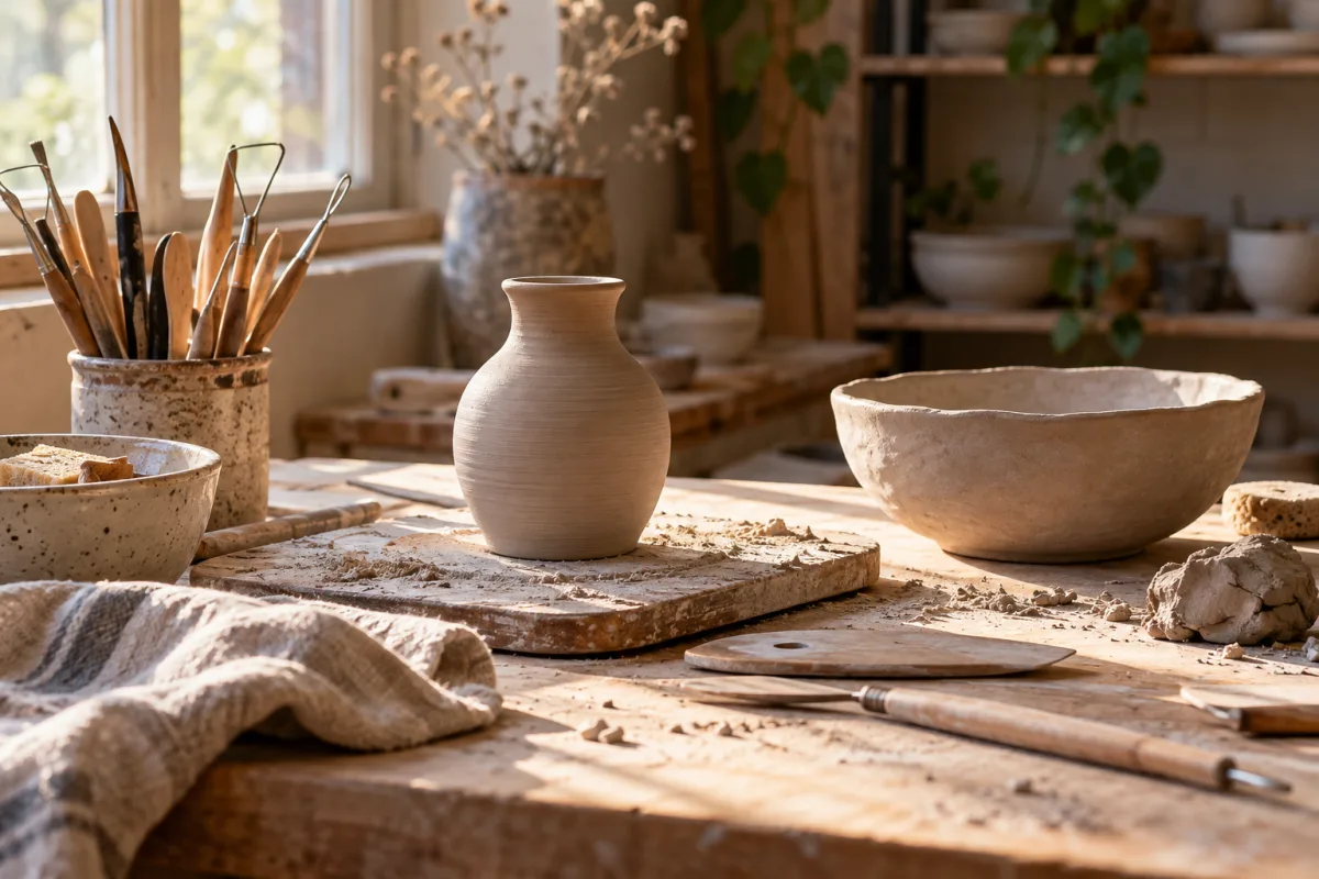 An artisan ceramics workbench with a small unglazed vase, wooden modeling tools, clay dust and a hand-shaped bowl in warm side window light; no hands or people — AI-generated fictional concept