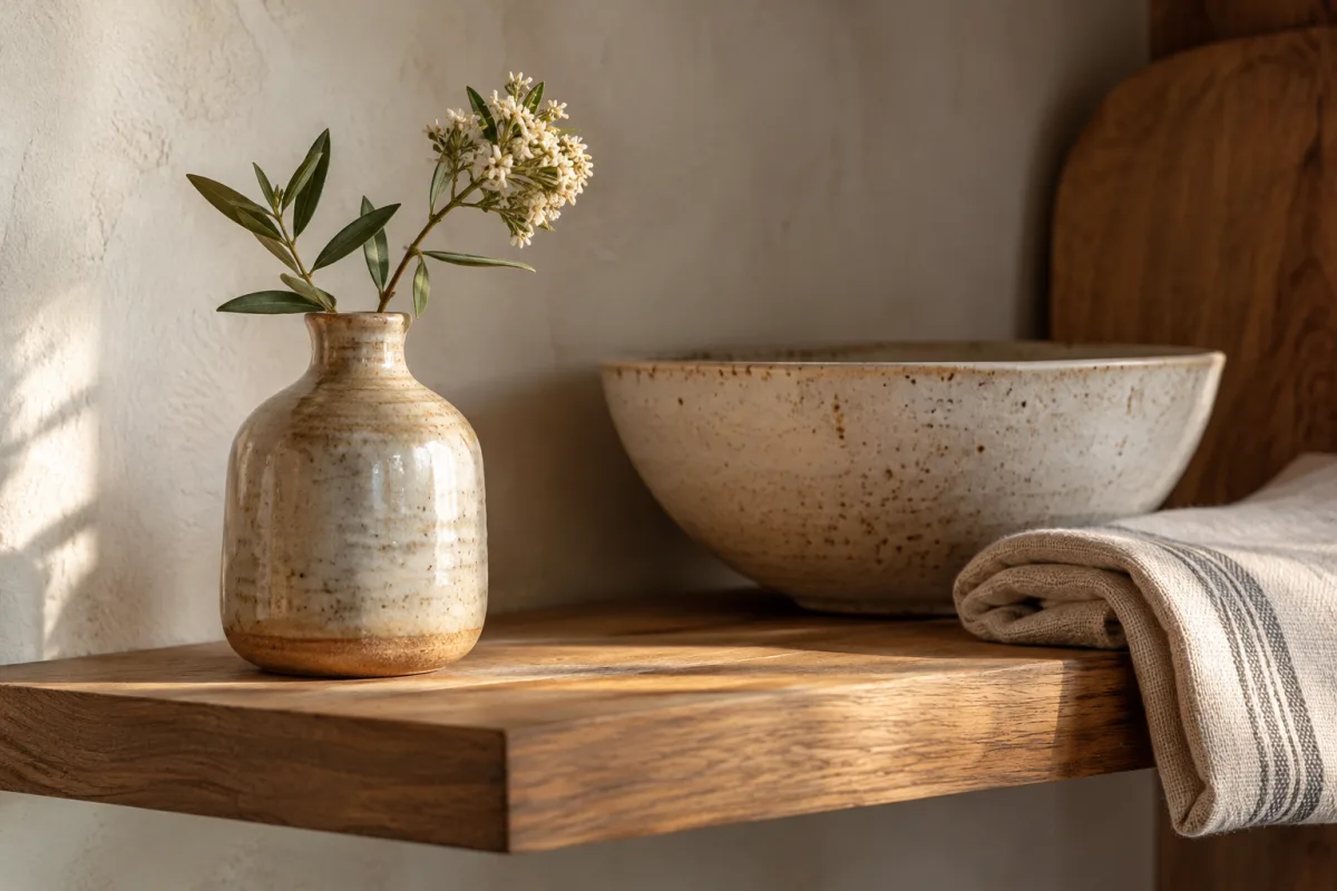 A small glazed earthenware vase holding one stem beside a folded natural linen towel and a serving bowl on a warm oak shelf, tactile handmade surfaces — AI-generated fictional concept