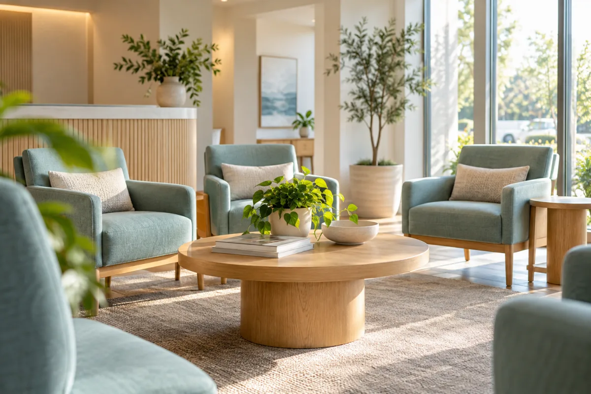A bright fictional dental practice waiting area with comfortable pale teal chairs, rounded wood table, subtle plants and welcoming daylight, empty, no signs or credentials — AI-generated fictional concept