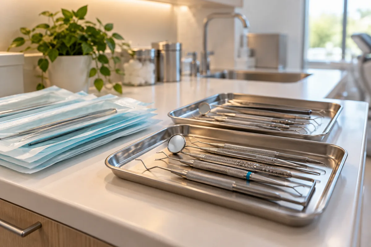 A close view of neatly organized unbranded dental instrument trays and simple sterilization pouches in a clean empty clinical work area, no procedure, patient or gore — AI-generated fictional concept