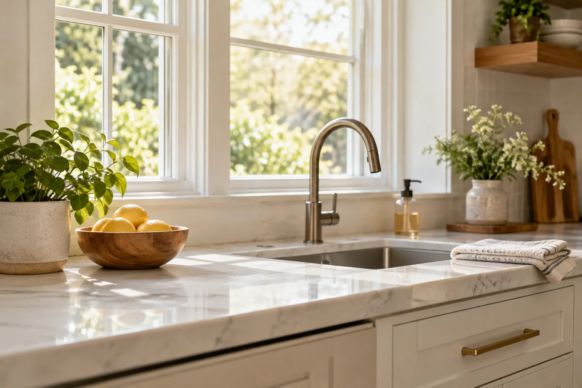 An immaculate yet realistic home kitchen with warm natural light across a spotless unbranded countertop, simple sink and folded cloth, no staged before-and-after comparison — AI-generated fictional concept