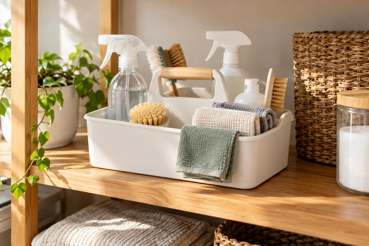 A neat unbranded home-cleaning caddy with plain spray bottles, brushes and folded neutral microfiber cloths on a clean wood utility shelf, no chemical claims or labels — AI-generated fictional concept