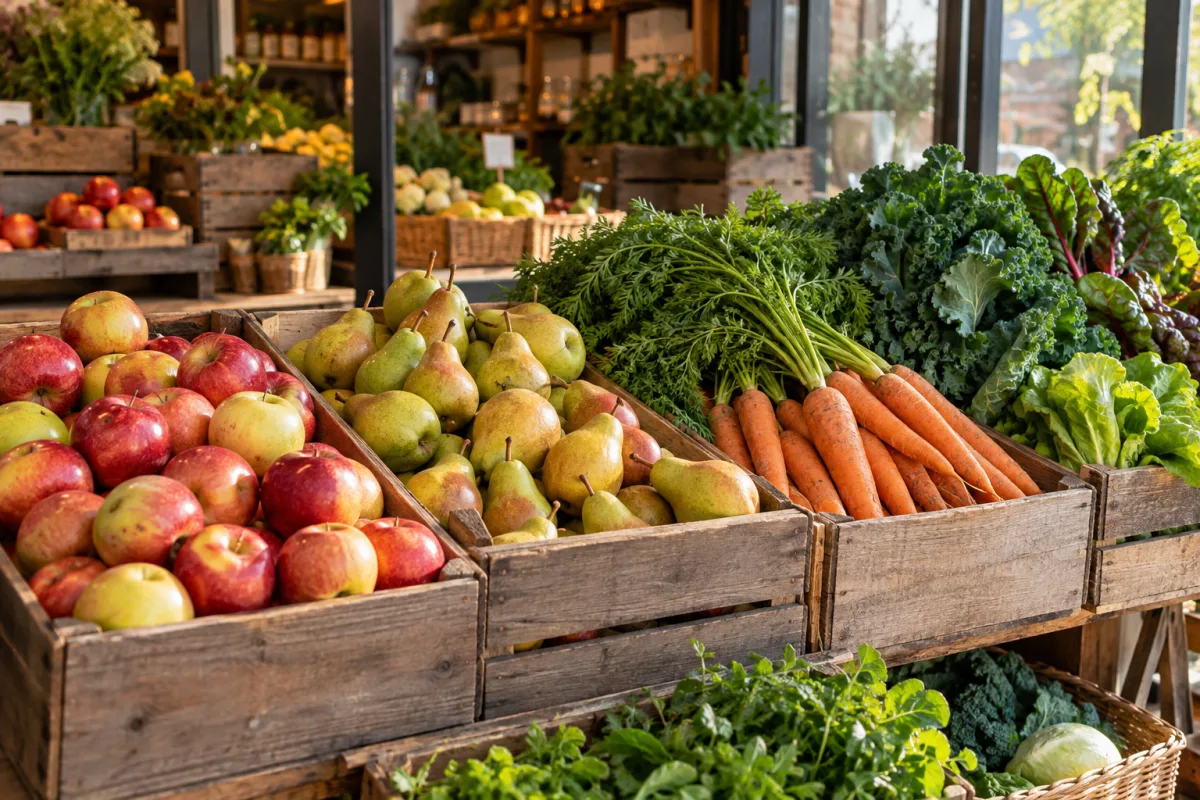 A vibrant independent grocery display of seasonal apples, pears, carrots and leafy greens in wooden crates, natural daylight, small neighborhood market, no price tags or text — AI-generated fictional concept