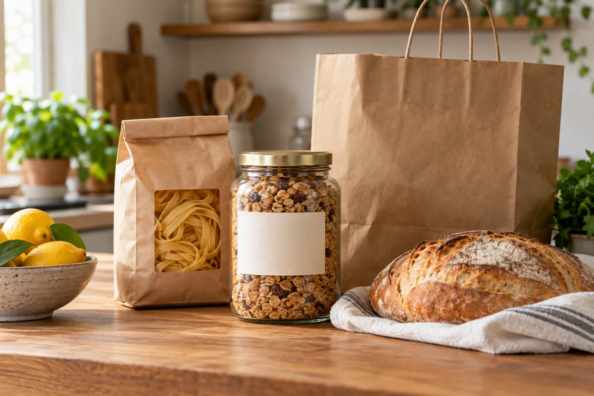 A considered grocery still life with a blank-labeled granola jar, paper pasta bag, a loaf of bread and a paper shopping bag on a warm wooden counter — AI-generated fictional concept
