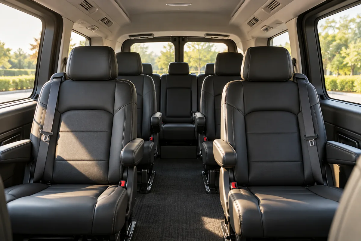 The clean rear cabin of an unbranded premium passenger van with comfortable dark seats, soft daylight and neat upholstery, no passengers, logos or readable controls — AI-generated fictional concept