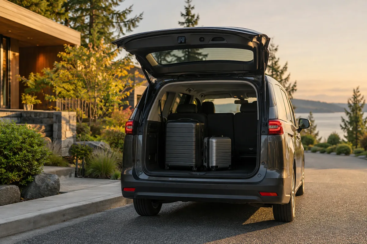 A discreet unbranded passenger van with rear luggage space open and two simple suitcases inside, quiet Pacific Northwest streetscape, no plate, airport sign or people — AI-generated fictional concept
