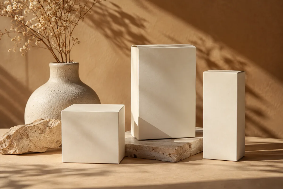 A considered tabletop photography setup with anonymous cream packaging boxes, a ceramic prop and carefully arranged shadows on warm paper backdrop; no logos or words — AI-generated fictional concept