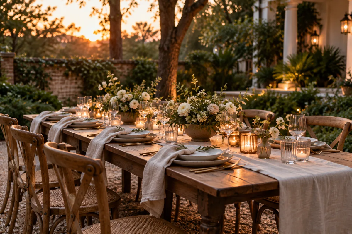 An empty intimate garden dinner table with layered natural linen, simple ceramic place settings and low seasonal flowers in Charleston evening light, no signage or event guests — AI-generated fictional concept