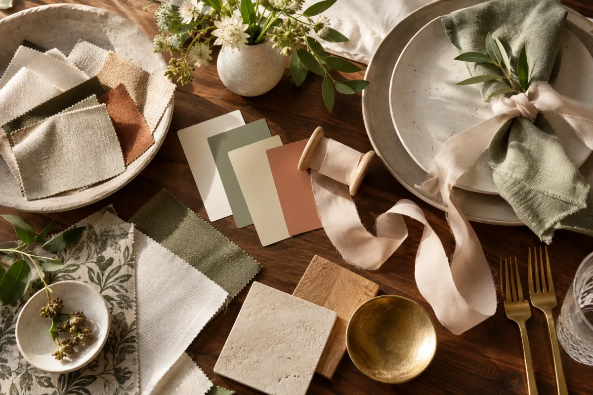 An event design studio worktable with linen swatches, blank palette cards, ribbon, a tiny vase and place-setting samples, overhead editorial view, no readable text or client logos — AI-generated fictional concept