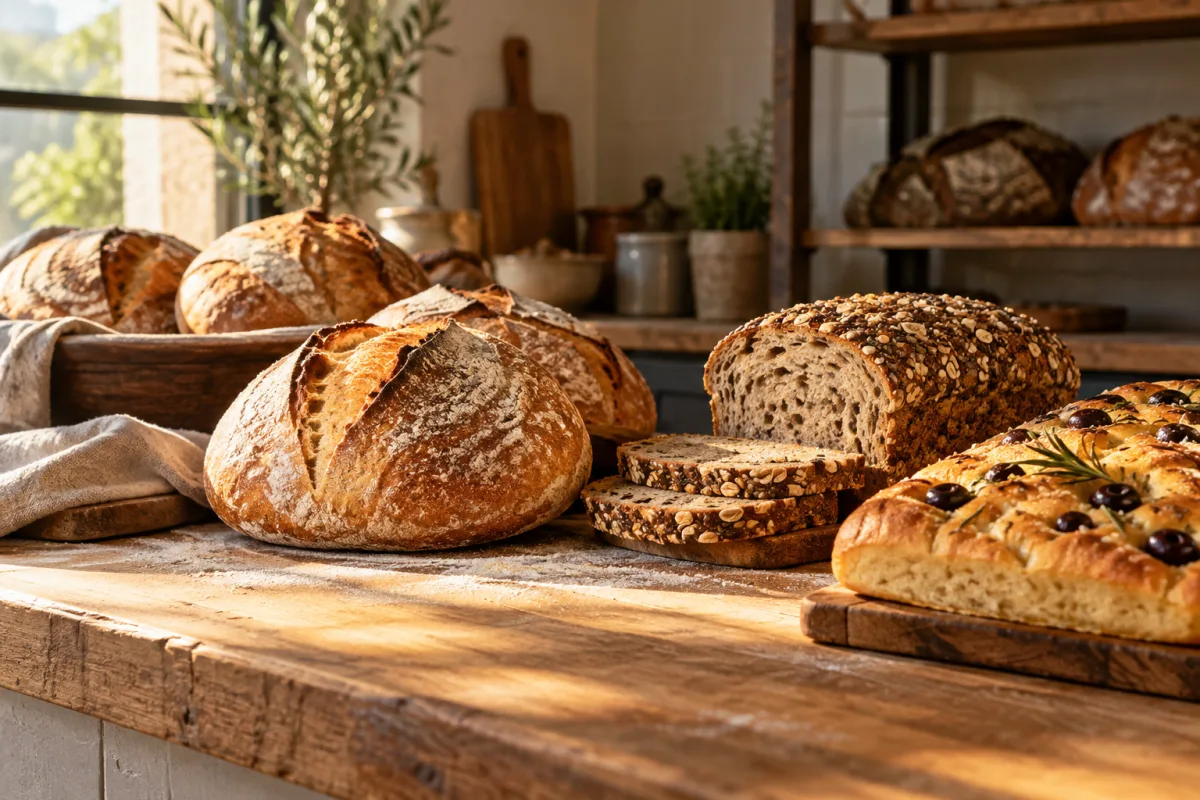 A small artisan bakery counter with crusty sourdough, seeded sandwich bread and olive focaccia, warm morning light, natural flour dust, no signs or hands — AI-generated fictional concept
