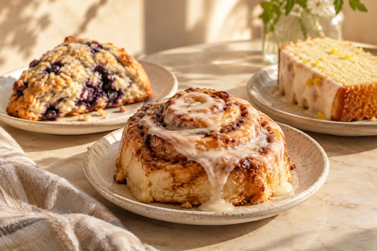 A close editorial bakery still life of a cinnamon roll, blueberry scone and lemon tea-cake slice on simple ceramic plates, warm cream background and daylight — AI-generated fictional concept