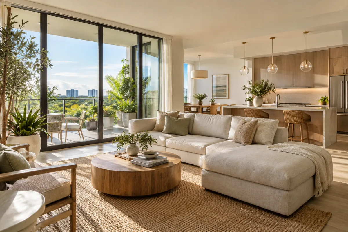 An original fictional contemporary Florida condo living room, open kitchen, warm neutral sofa, balcony greenery and generous daylight, no ocean claim, no real property represented — AI-generated fictional concept