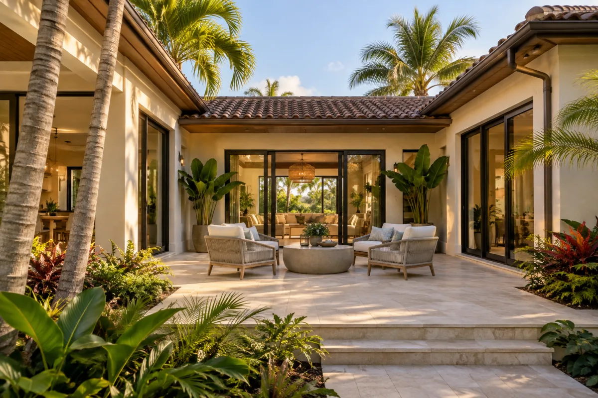 An original fictional single-story Florida courtyard home with a sheltered seating patio, warm stucco, glass doors and tropical planting in afternoon light, no street or address — AI-generated fictional concept