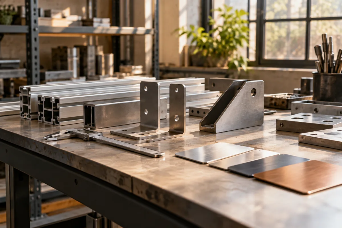 A precise small metal-fabrication workbench with aluminum profiles, folded steel brackets, calipers and finish swatches, warm industrial daylight, no technical performance labels — AI-generated fictional concept