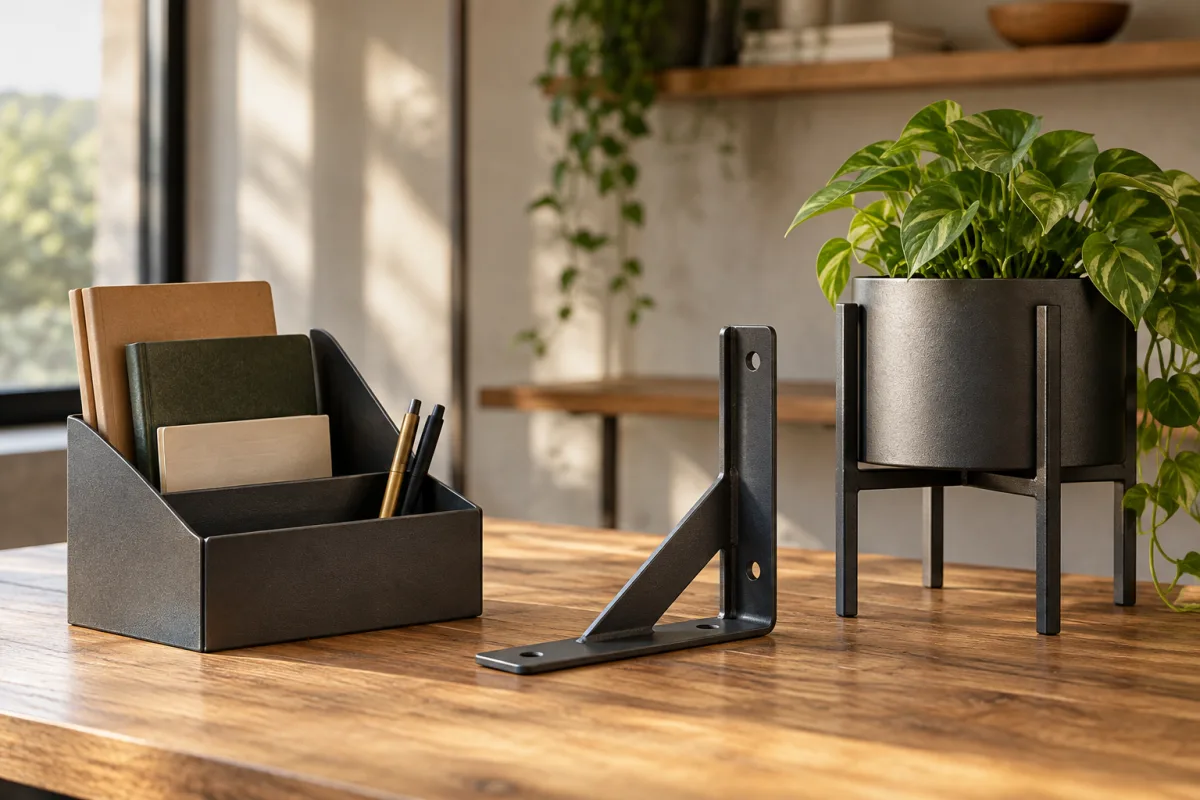 A refined tabletop display of a folded metal desk organizer, a simple decorative shelf bracket and a steel planter stand, tactile powder-coated finishes, no logo or people — AI-generated fictional concept